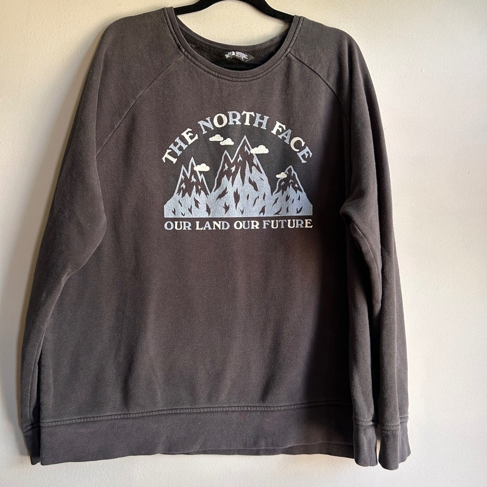 The North Face Womens XXL Our Land Our Future Mountain Graphic Sweatshirt Grey